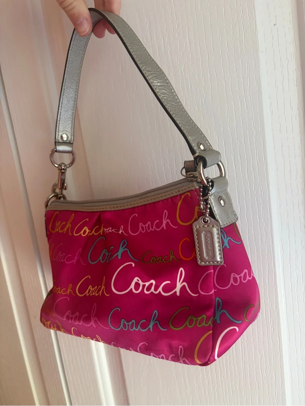 Coach Y2K Hot Pink Multicolor Script Shoulder Bag with Silver Trim